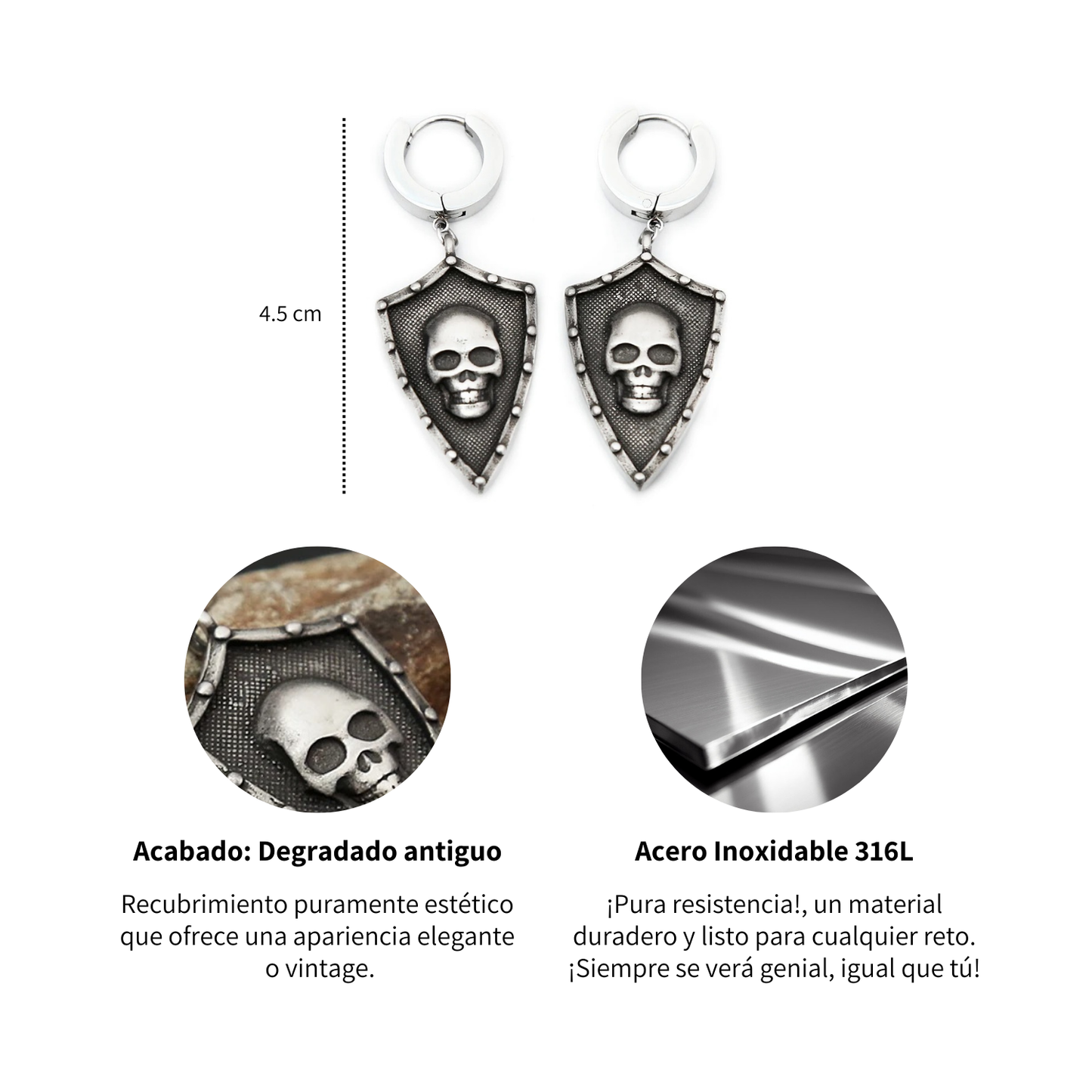 Aretes Escudo Calavera - Acero Inox.