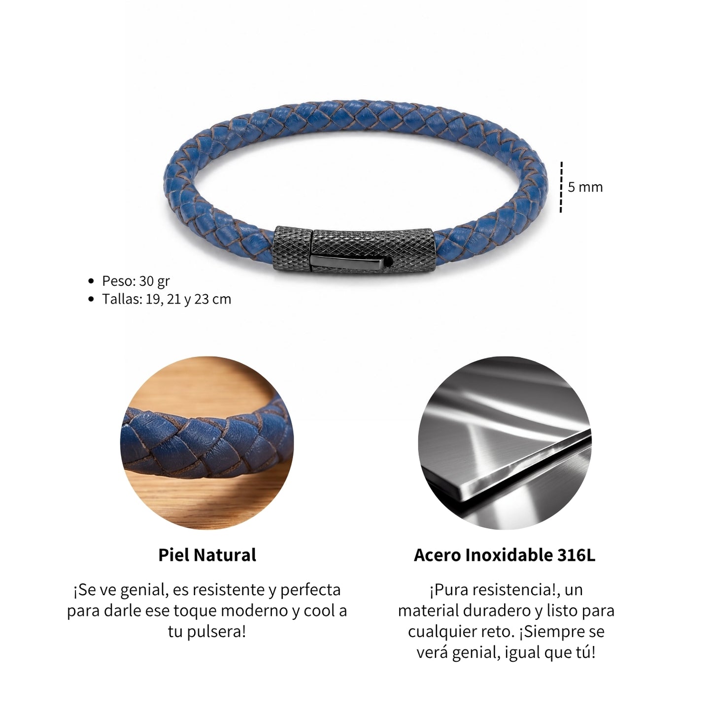 Pulsera Azul Trenzado - Piel Natural