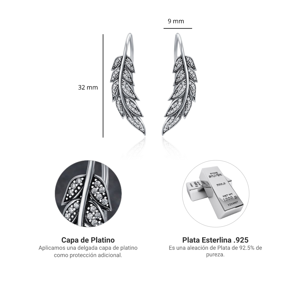 Aretes Brillo y Plumas - Plata .925