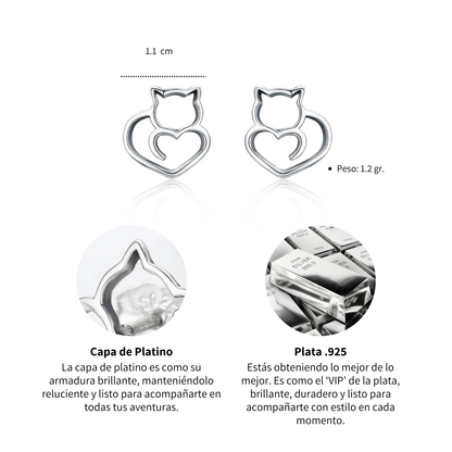 Aretes Gato Corazón - Plata .925