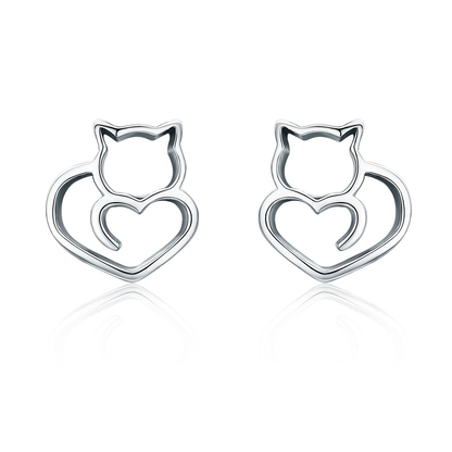 Aretes Gato Corazón - Plata .925