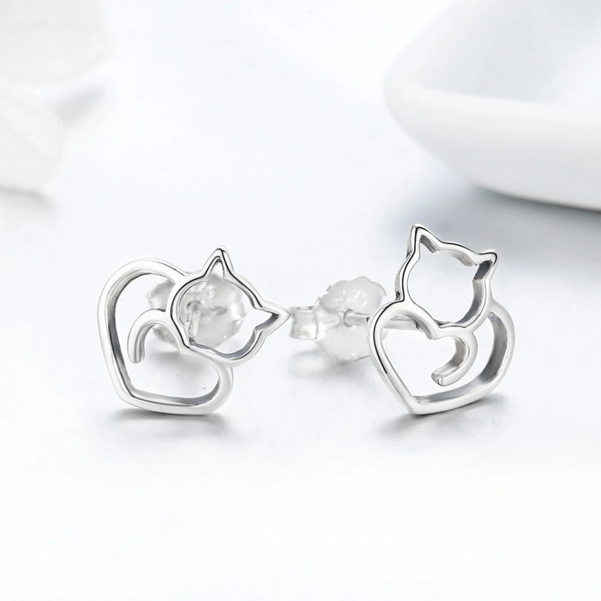 Aretes Gato Corazón - Plata .925