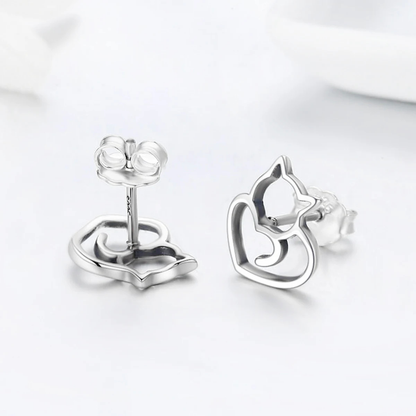 Aretes Gato Corazón - Plata .925
