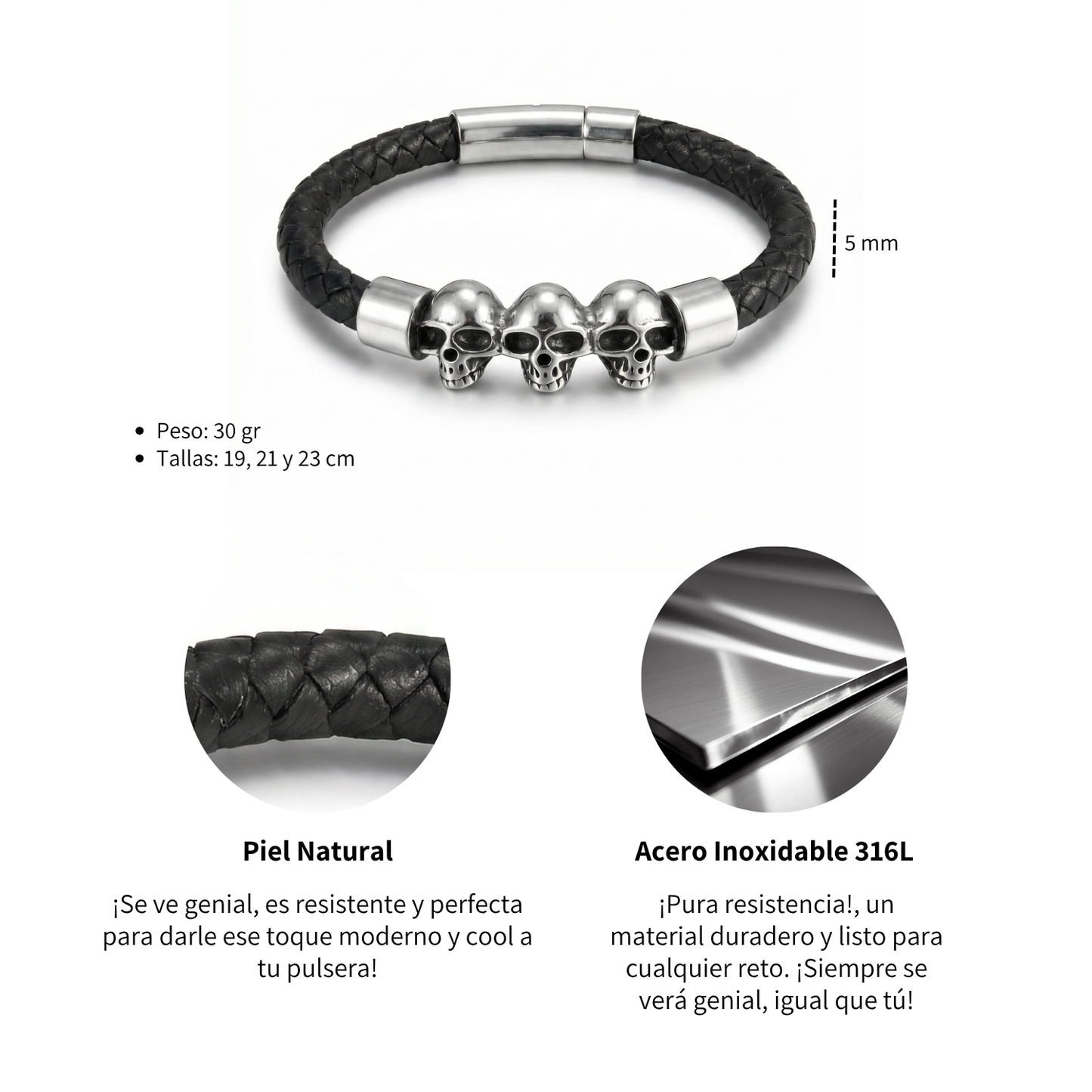 Pulsera Triple Calabera - Piel Natural